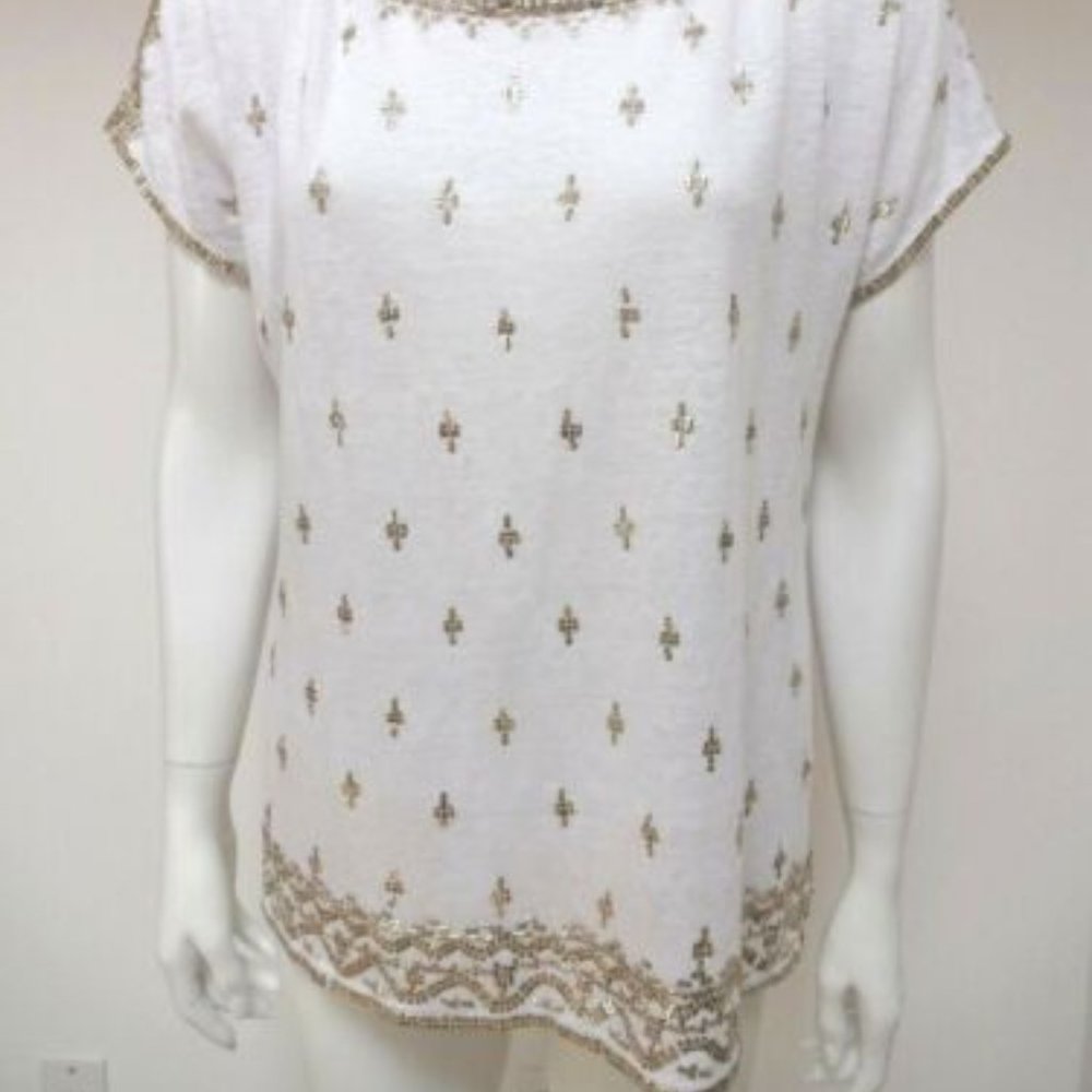 CALYPSO ST.BARTH WHITE YELLOW SEQUIN SHORT DOLMAN SLEEVE LINEN TUNIC TOP M